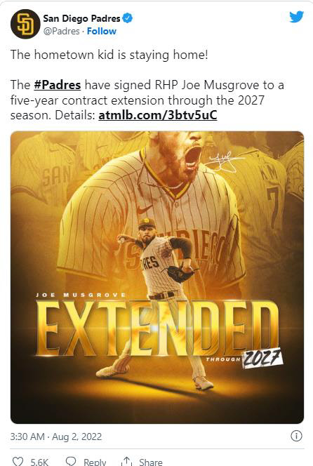 머스그로브와 5년 연장 계약을 공식 발표한 샌디에이고. <샌디에이고 트위터 캡처>